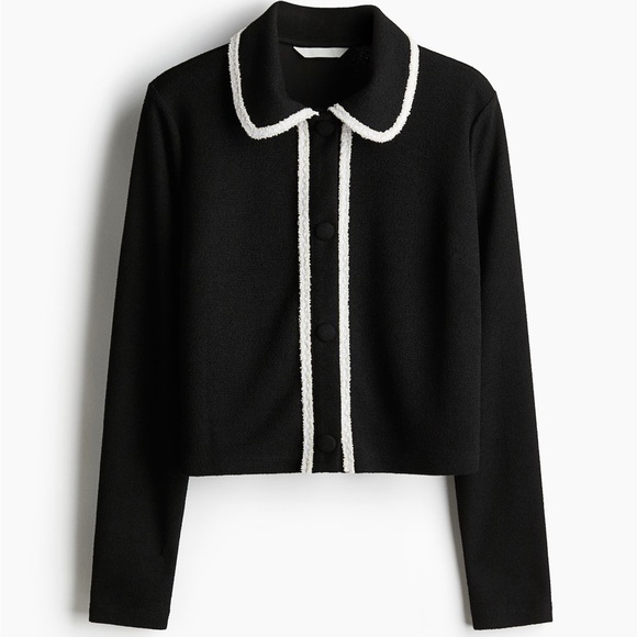 H&M Sweaters - New Season H&M Black Boucle Cardigan w Peter Pan Collar Contrast Cream Stitching